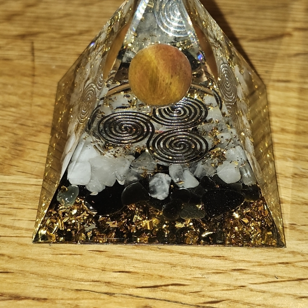 Handcrafted Tigers Eye Pyramid with Black Onyx And White Quartz Crystals